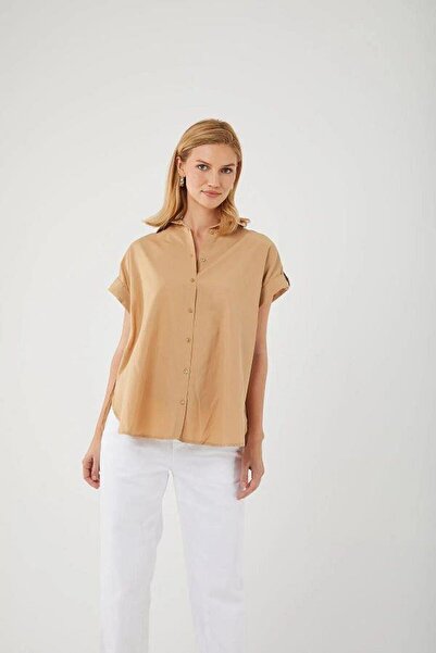 Mixray 3967 Women's Epaulet Short Sleeve Oversize Shirt Mink