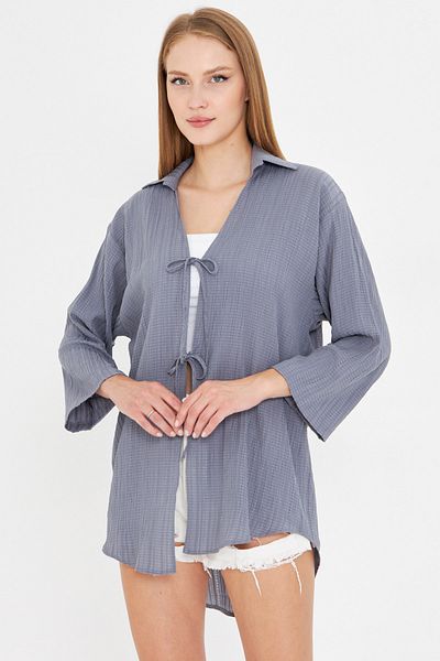 armonika Women's Light Gray Shirt Collar Front Lace-Up Kimono Shirt Arm-25K001006