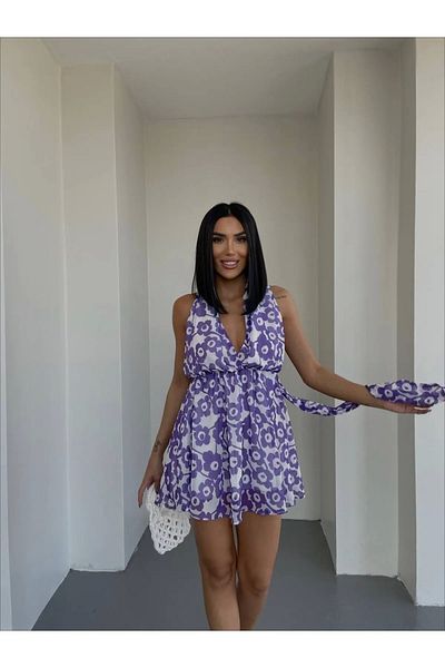Bak Moda Mini rochie mov cu decolteu și model floral