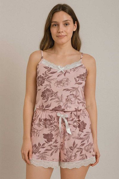 Humaone Summer Pajama Set with Lace Detail String Suspender Shorts