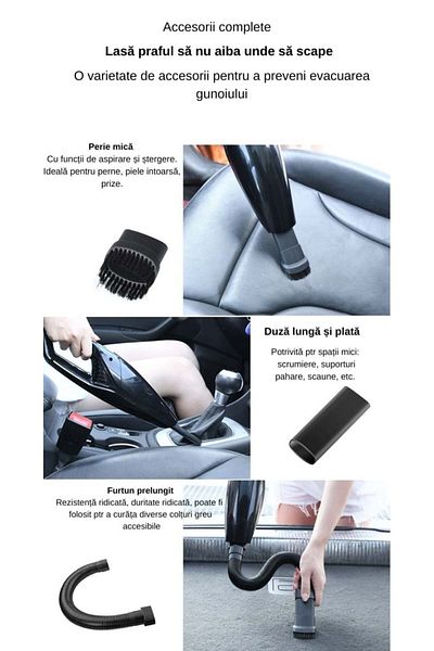 divendi-ro Aspirator auto 120W Turbo, fără fir, baterie 3000mAh, filtru HEPA, 4 duze, negru