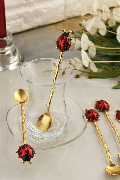 TR Turan Collection Ladybug Decorative Gold Color Tea Spoon Set of 6, Metal Body Stylish Design