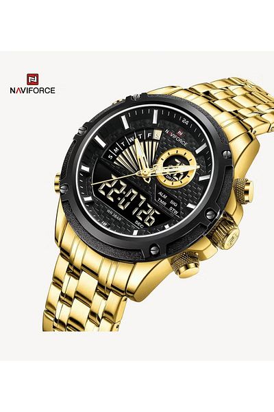 Naviforce Luxury Gold and Black Stainless Steel Mens Watch Digital Analog Quartz Waterproof