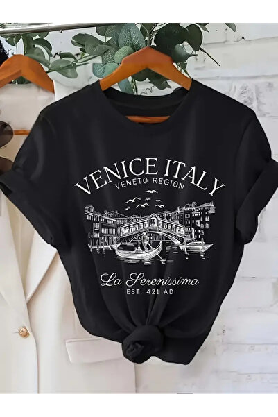 AEMİ Tricou oversize unisex Venice Italia imprimat cu decolteu rotund