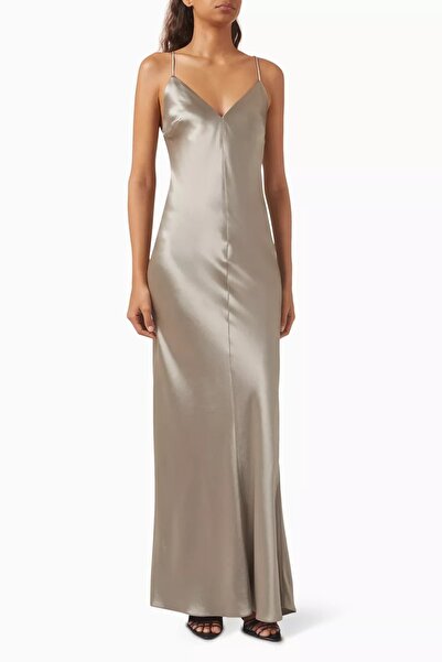 12storeez Satin Slip Maxi Dress, V Neckline, Thin Straps and Elegant Silhouette
