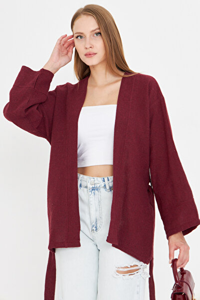 armonika Women's Burgundy Belted Kimono Arm-25Y001073