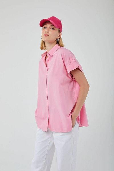 Mixray 3967 Women's Epaulet Short Sleeve Oversize Shirt Candy Pink