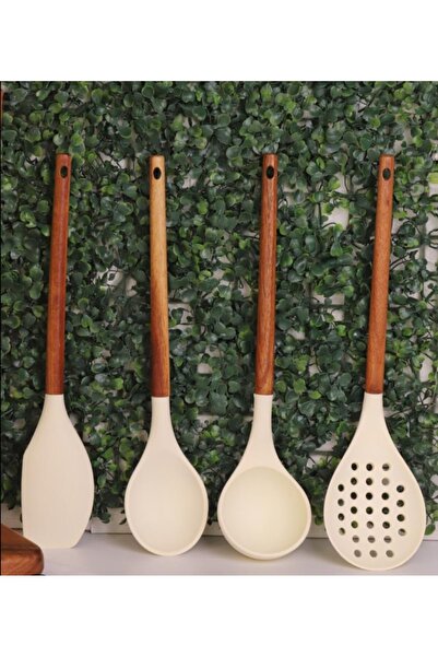 ZeDesign Silicone Bamboo Handle 4 Piece Kitchen Serving Set Cream Color (CAP-SPOON-CELL-SPATULA)