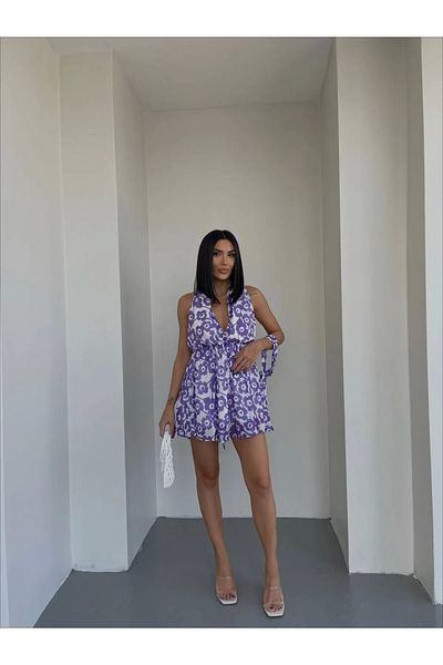 Bak Moda Mini rochie mov cu decolteu și model floral