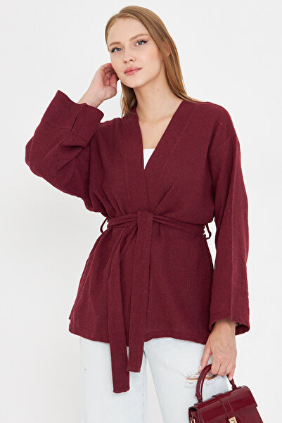 armonika Women's Burgundy Belted Kimono Arm-25Y001073