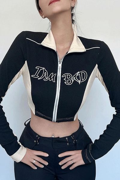 Karakedi Black Long Sleeve Crop Cardigan with White Stripe I Am Bad Zipper