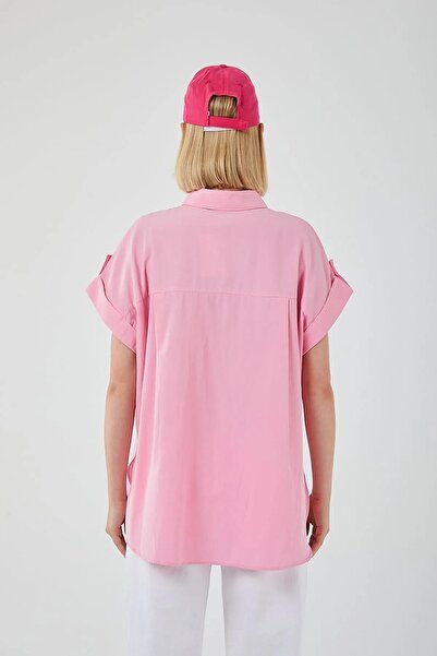 Mixray 3967 Women's Epaulet Short Sleeve Oversize Shirt Candy Pink