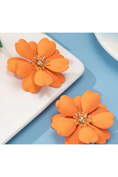 SE Jewellery Collection Selin Ersoy Women's Orange Flower Form Earrings – Large Size Stone Detail