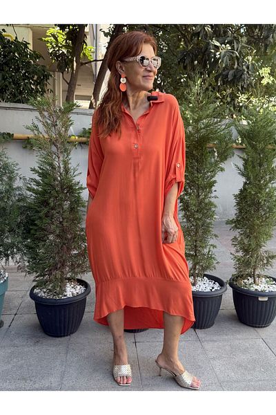 DenizEge Viscose Back Ring Detail Dress Orange