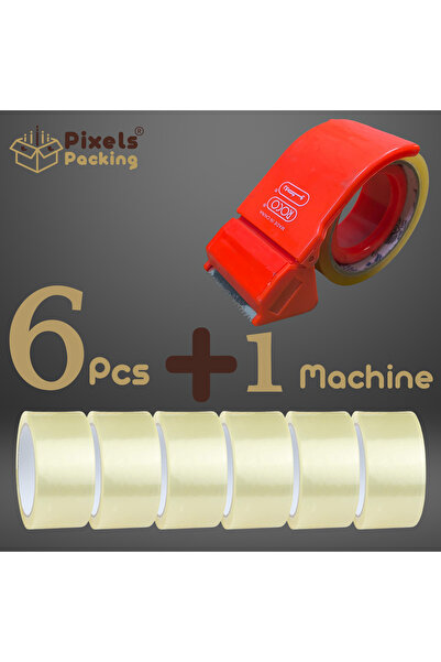 PixelsPacking 6 قطع شطرطون لاصق شفاف + قطاعة موزع شطرطون من PixelsPacking طول 80 ياردة عرض 2 بوصة، مثالي للطرود