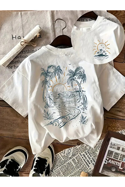 AEMİ Tricou oversize cu decolteu cu imprimeu unisex cu palmieri