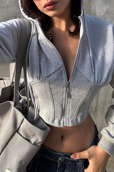 Karakedi New Gray Melange Stripe Hooded Crop Cardigan