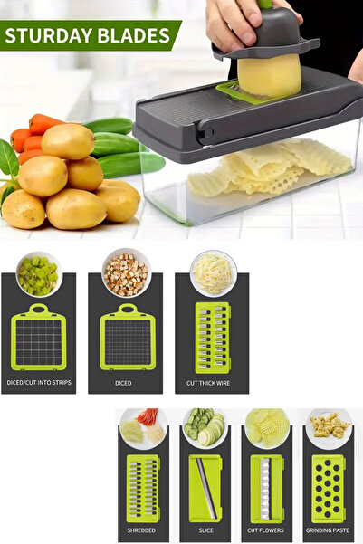 Uni zer 13 Parça Hazneli Sebze Doğrayıcı Dilimleyici Kesici Çok Fonksiyonlu Rende Seti
