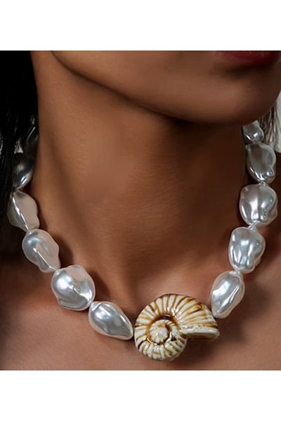 SE Jewellery Collection Selin Ersoy Women's White Large Pearl Detailed Necklace – 35+8 cm Design with Seashell End