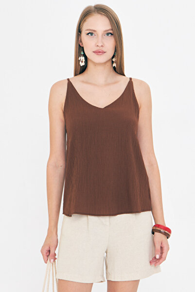 armonika Γυναικεία Μπλούζα με λουράκι σε σκούρο καφέ λινό ARM-24Y001064