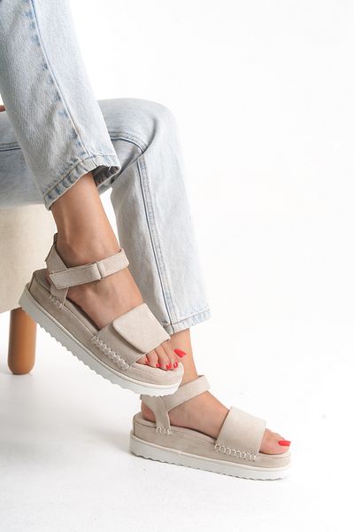 Ayakkabı Delisiyim Women's Sandals Beige Color Ugga Thick Soled Velcro Orthopedic Comfortable Lightweight Ankle Strap