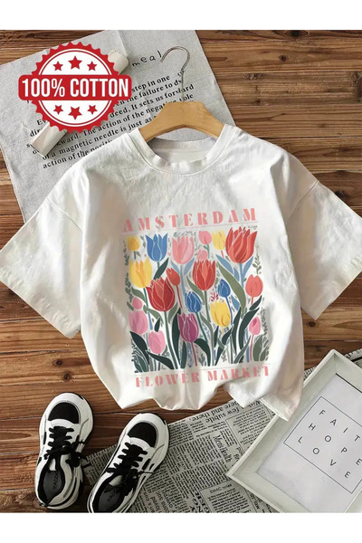 AEMİ تي شيرت برقبة دائرية كبيرة الحجم مطبوع عليه زهرة التوليب من أمستردام للج...