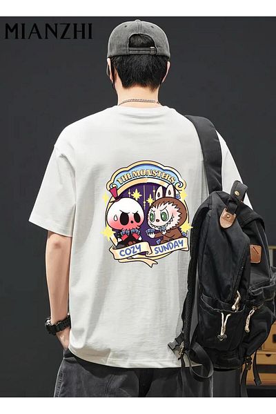 DEEFWEAR White Skul Cozy Sunday Labubu Back Printed Unisex Oversize Tshirt