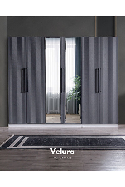 Velura Home & Living Stil (Antrasit) Modern 6 Kapaklı Aynalı Gardırop (Dolap)