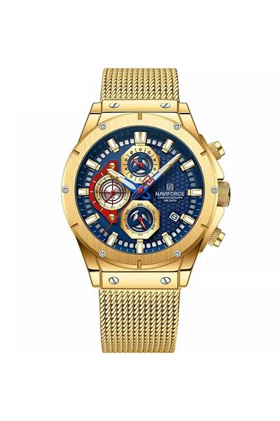 Naviforce Men's Chronograph Watch Blue Dial Gold Mesh Strap Water Resistant