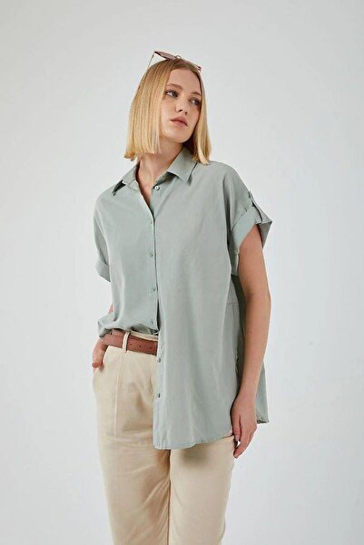 Mixray 3967 Women's Epaulet Short Sleeve Oversize Shirt Çağla