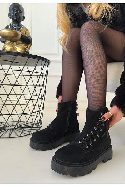 Zerenyus Γυναικείες μπότες Agnej Μαύρες Suede Lace Up με φερμουάρ