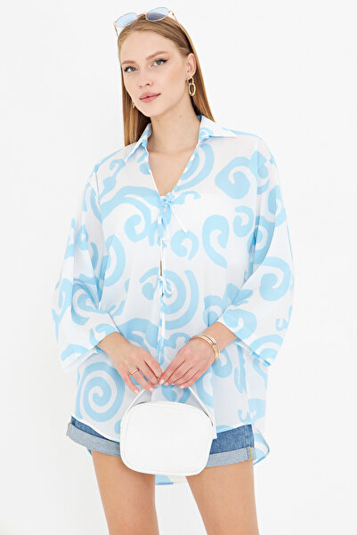 armonika Women's Baby Blue-White Shirt Collar Front Lace Kimono Shirt Arm-25K001006