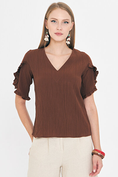 armonika Γυναικεία καφέ μπλούζα με βολάν με κοντό μανίκι ARM-25Y001070
