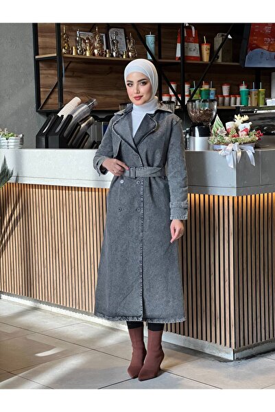 Esre Store 4409 Kot Tesettür Trençkot Siyah