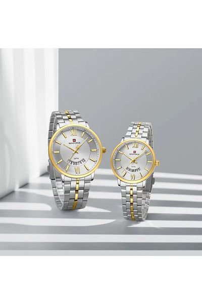 Naviforce Luxury Silver & Gold Couple Watch Set – Stainless Steel Waterproof Roman Numerals