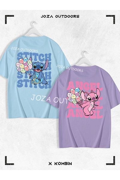 Joza Outdoors Lilo Angel Stitch Scris pe spate BICURIT Imprimat Cuplu Iubitoare Combinație Tricou colorat supradimensionat Set de 2