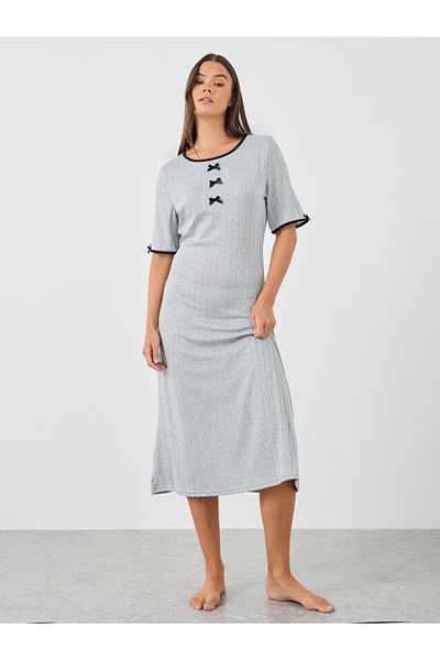 Styli Textured Rib Contrast Edge Bow Detail Night Dress
