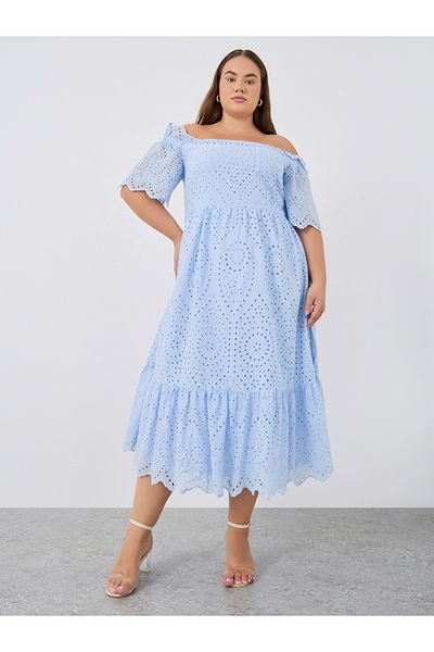 Styli Plus Size Schiffli Off-Shoulder A-Line Midi Dress