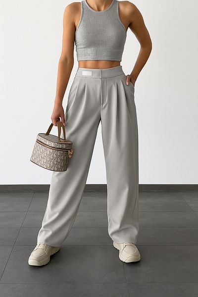 owwon Women's Waist Detailed Gray Palazzo Trousers with Elastic Waist