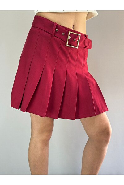 Gönülden Tasarım S Size Belted Red Pleated Women's Skirt