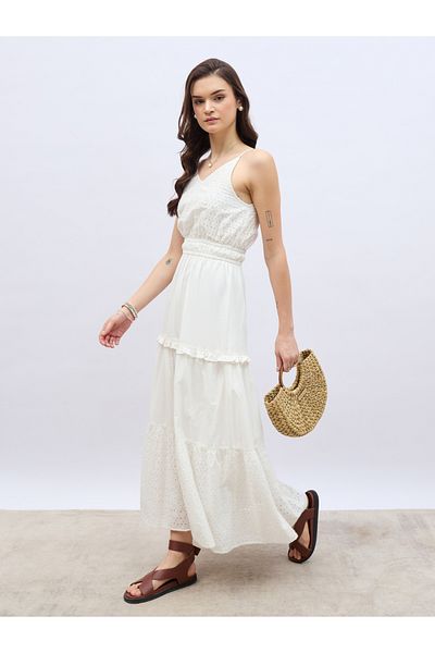 Styli Schiffli Strappy Tiered Maxi Dress with Ruffle Trim