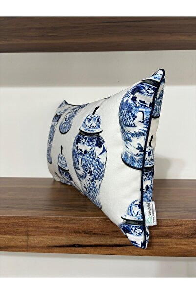 KIRLENTİM E433-3050 White Background Double Sided Patterned Fully Filled Throw Pillow with Piping on the Edges