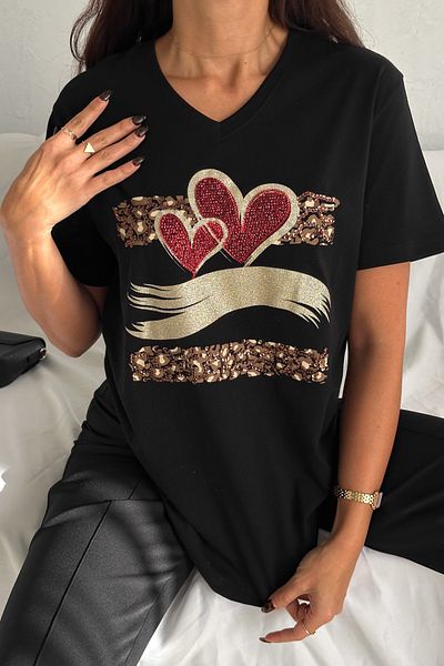 FEMELLE Women's Black Plus Size 100% Cotton V-Neck Heart Sequin Sequin Embroidered T-Shirt