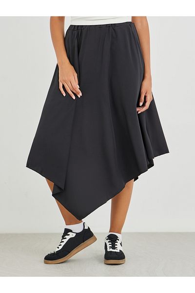 Styli Solid Asymmetric Hem Midi Skirt