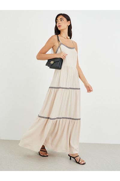 Styli Solid Strappy Tiered Maxi Dress