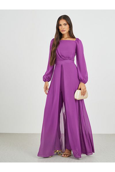 Styli Balloon Sleeve Square Neck Skirt Layer Detail Jumpsuit