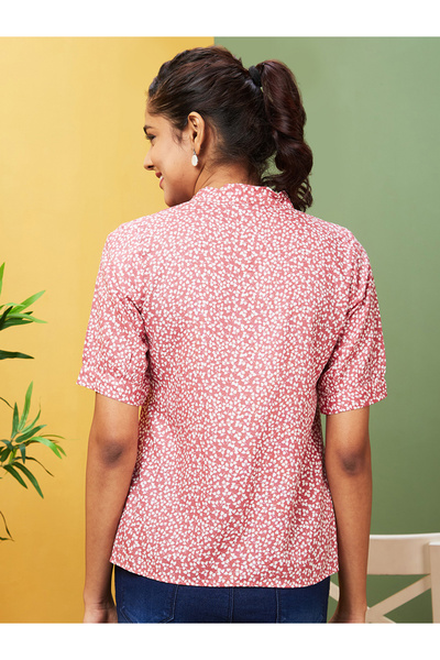 Globus By Styli Printed Tie-Up Neck Short Sleeve Top