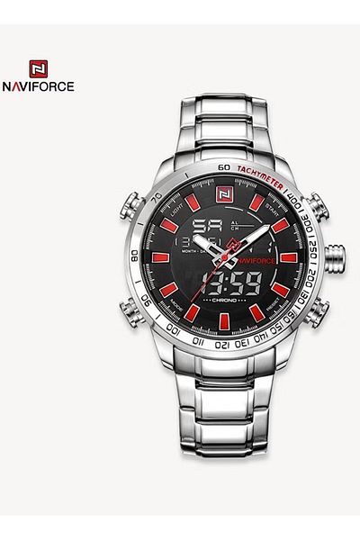 Naviforce Stylish Silver and Black Chronograph Watch for Men Digital Analog Display Stainless Steel Band