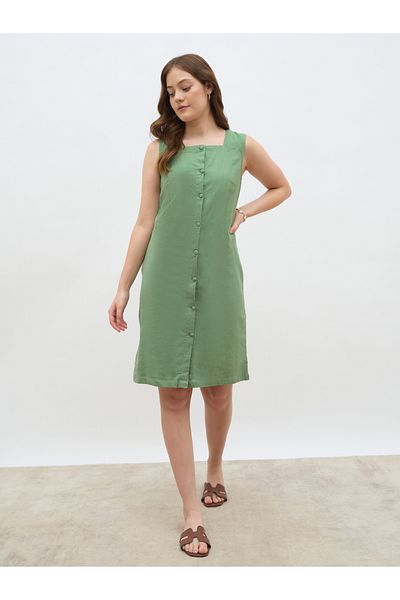 Styli Women Green Solid Sleeveless Shirt Knee-Length Dress