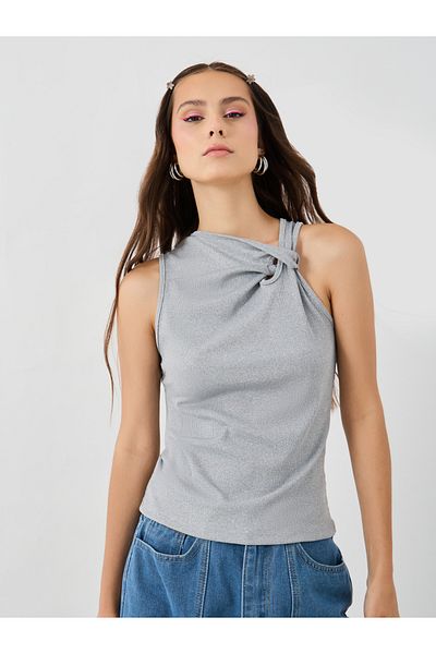 Styli Texture Asymmetric Neck Sleeveless Top